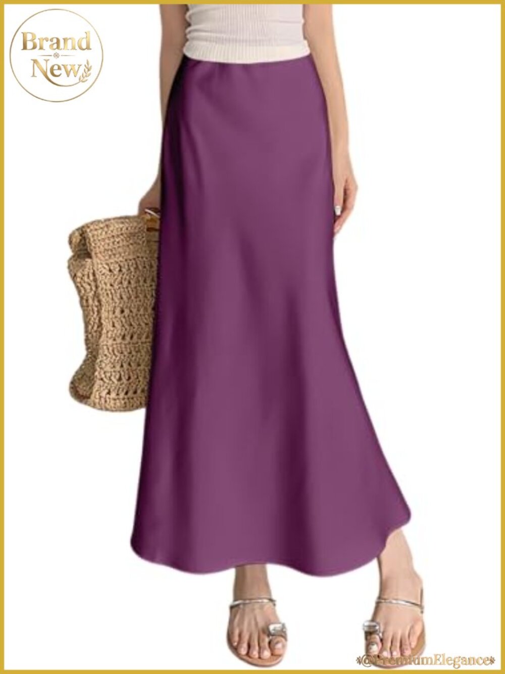 Womens Satin Maxi Skirt A-Line Silk Dressy Flared Elastic High Waist
